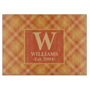 Orange Plaid Autumn FALL Monogram Family Name Est. Cutting Board