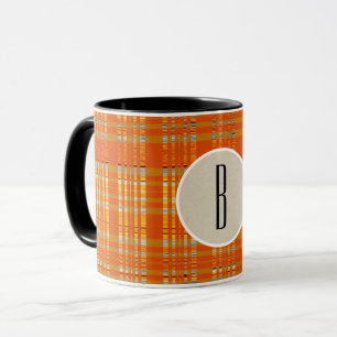 Orange Plaid & Brown Kraft Rustic Monogram Initial Mug