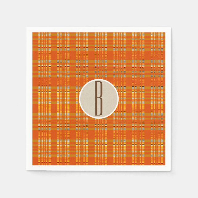 Orange Plaid & Brown Kraft Rustic Monogram Initial Napkin (Front)