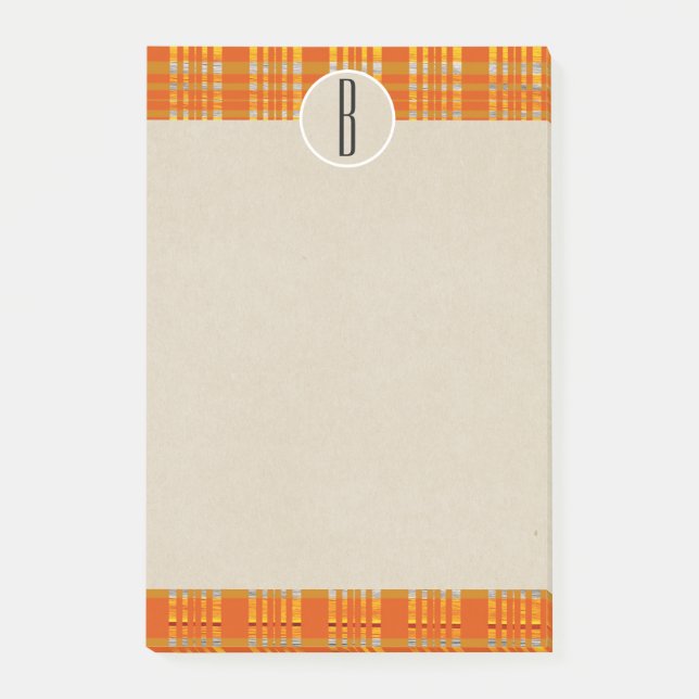 Orange Plaid & Brown Kraft Rustic Monogram Initial Post-it Notes (Front)