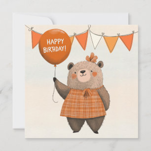 Orange Plaid Dress Bear with Hair Bow Invitation
