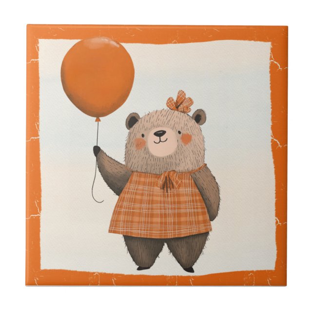 Orange Plaid Dress Bear with Hair Bow Tile (Front)