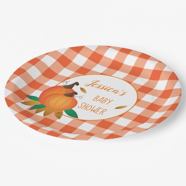Orange Plaid Fall Baby Shower Paper Plates (Angled)