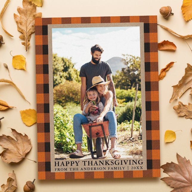 Orange Plaid Family Photo Kraft Happy Thanksgiving Postcard (Customize to change text size or text style.)