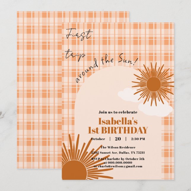 Orange Plaid First Trip Around The Sun Birthday Invitation (Front/Back)