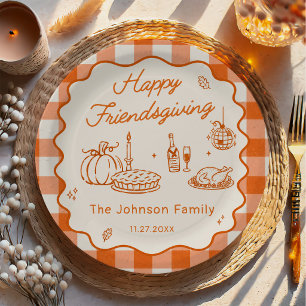Orange Plaid Friendsgiving Dinner Paper Plate