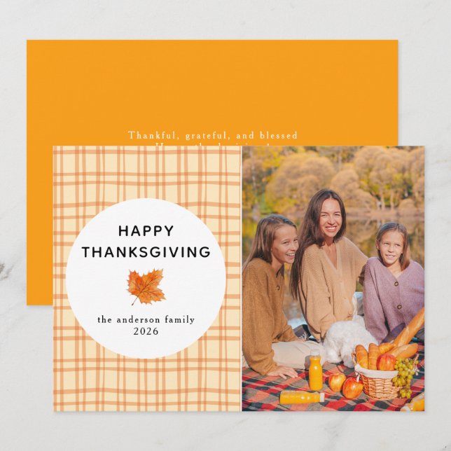 Orange Plaid | Happy Thanksgiving Autumn Photo Holiday Card (Front/Back)