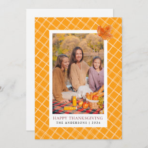 Orange Plaid Happy Thanksgiving Autumn Photo Holiday Card
