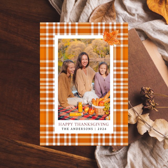 Orange Plaid | Happy Thanksgiving Autumn Photo Holiday Card (Creator Uploaded)