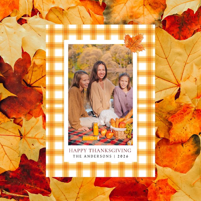 Orange Plaid | Happy Thanksgiving Autumn Photo Holiday Card (Creator Uploaded)