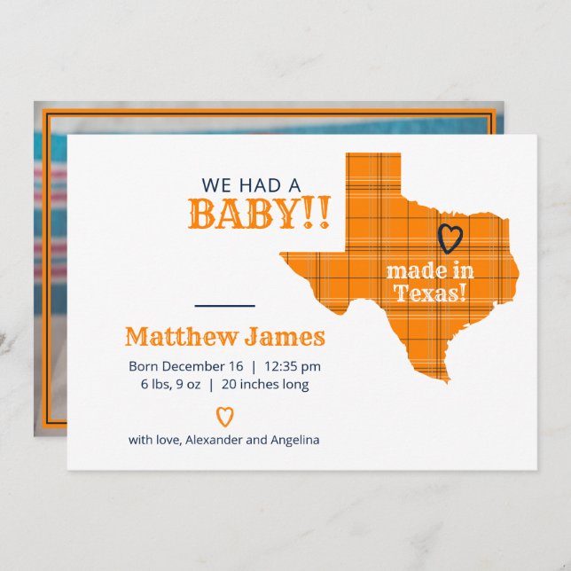 Orange Plaid Made In Texas Horizontal Photo Announcement (Front/Back)