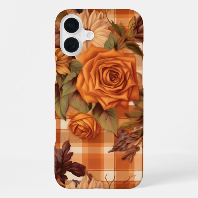 ORANGE PLAID PATTERN WITH FALL FLOWERS iPhone CASE (Back)