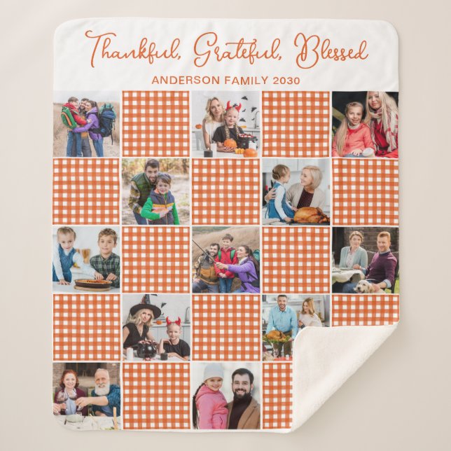 Orange Plaid Personalised Family 13 Photo Collage  Sherpa Blanket (Front)