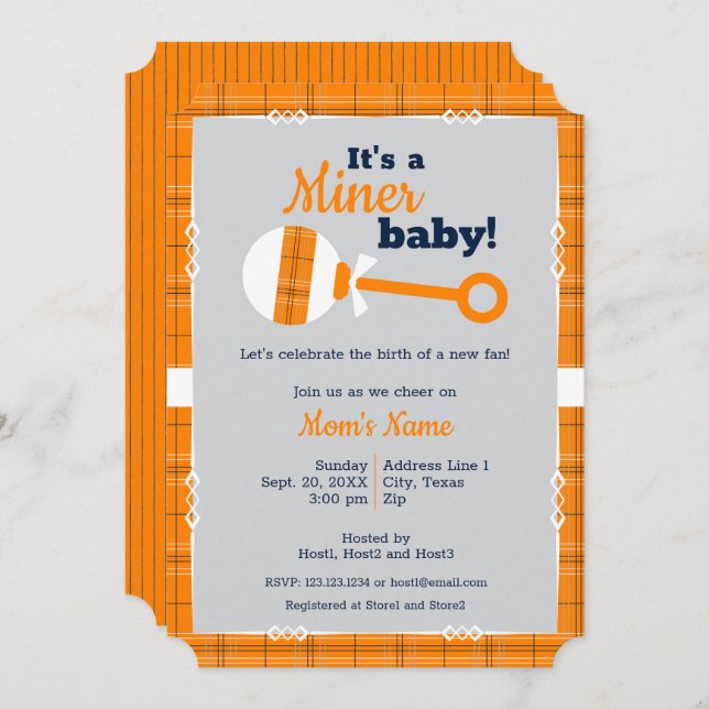 Orange Plaid Rattle Miner Baby Shower Invitation (Front/Back)