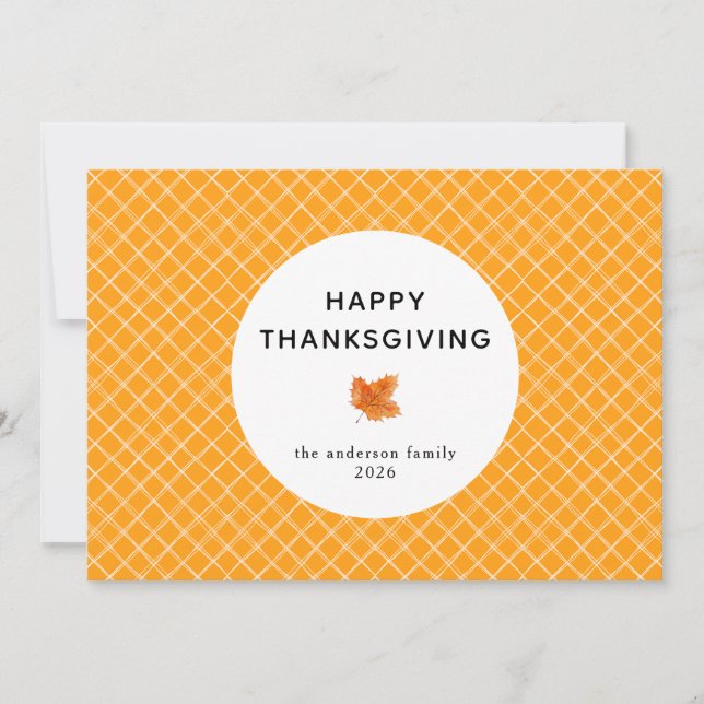 Orange Plaid Simple Happy Thanksgiving Autumn Hol Holiday Card (Front)