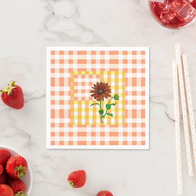 Orange Plaid Sunflower Napkin (Insitu)
