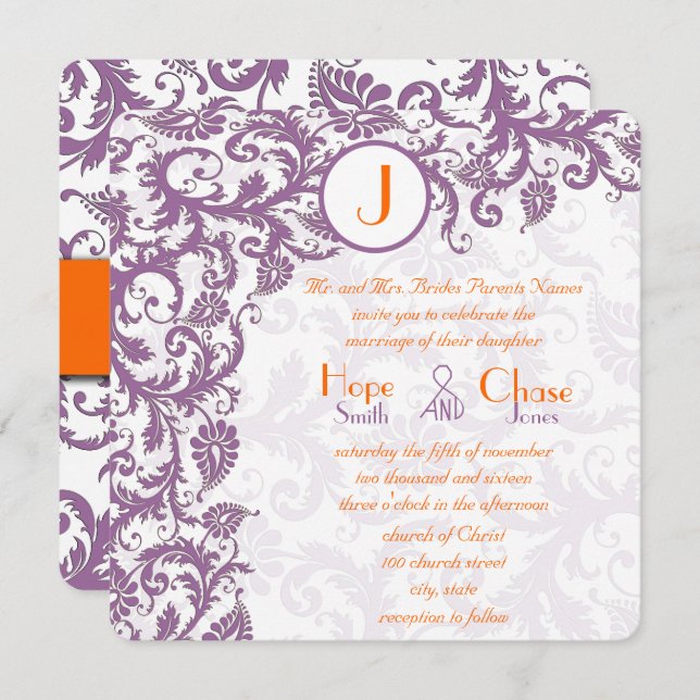Orange Plum Damask Monogram Wedding Invitation (Front/Back)