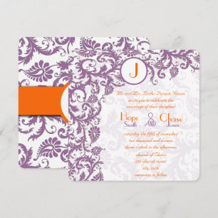 Orange Plum Damask Monogram Wedding Invitation
