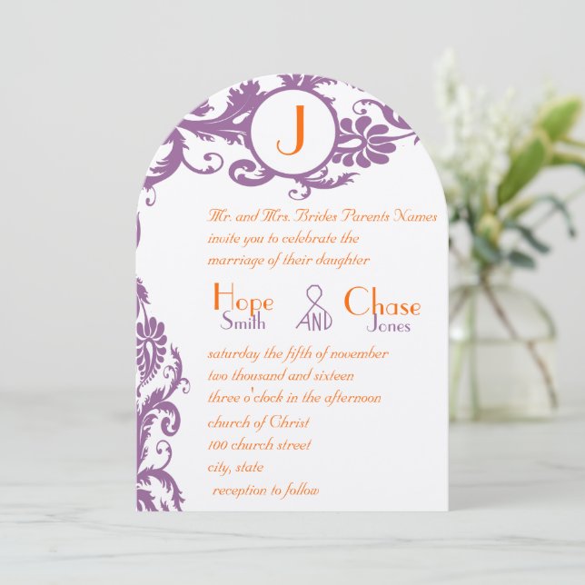 Orange Plum Damask Monogram Wedding Invitation (Standing Front)