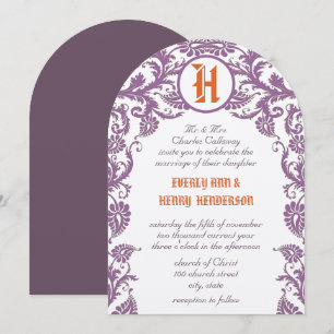 Orange Plum Damask Monogram Wedding Invitation