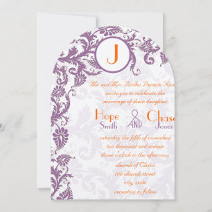 Orange Plum Damask Monogram Wedding Invitation