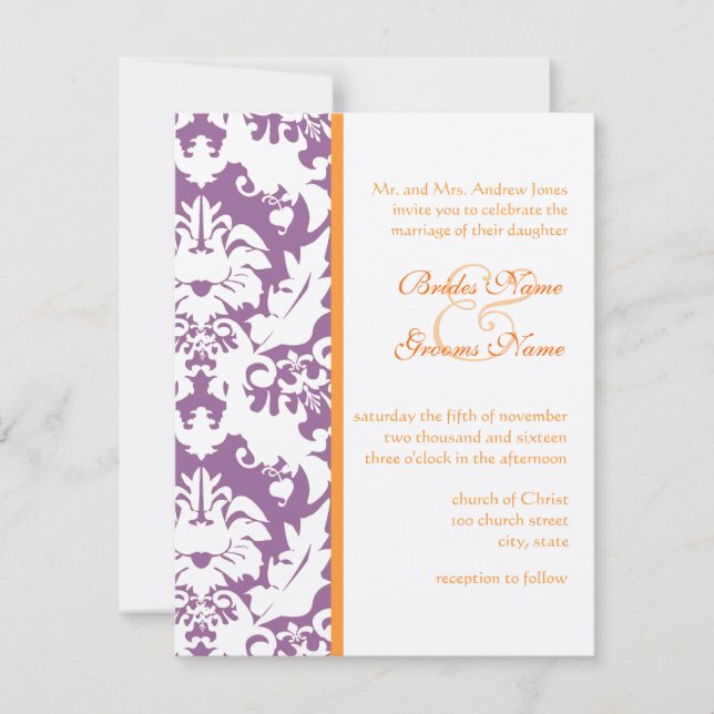 Orange & Plum Damask Wedding Invitations (Front)