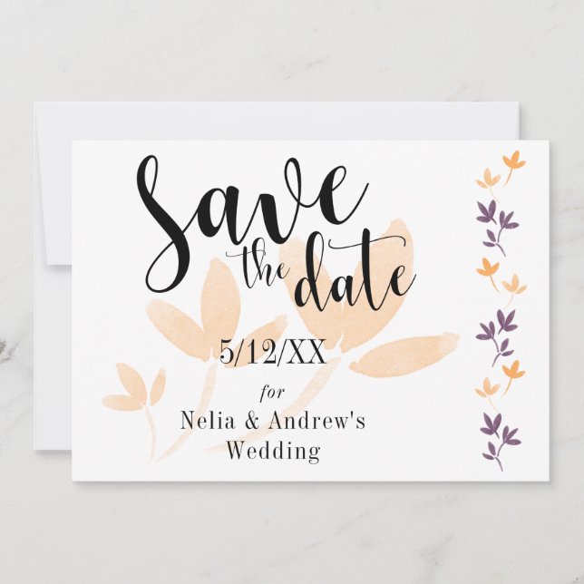 Orange & Plum Leaves Mod Typography Save the Date (Front)