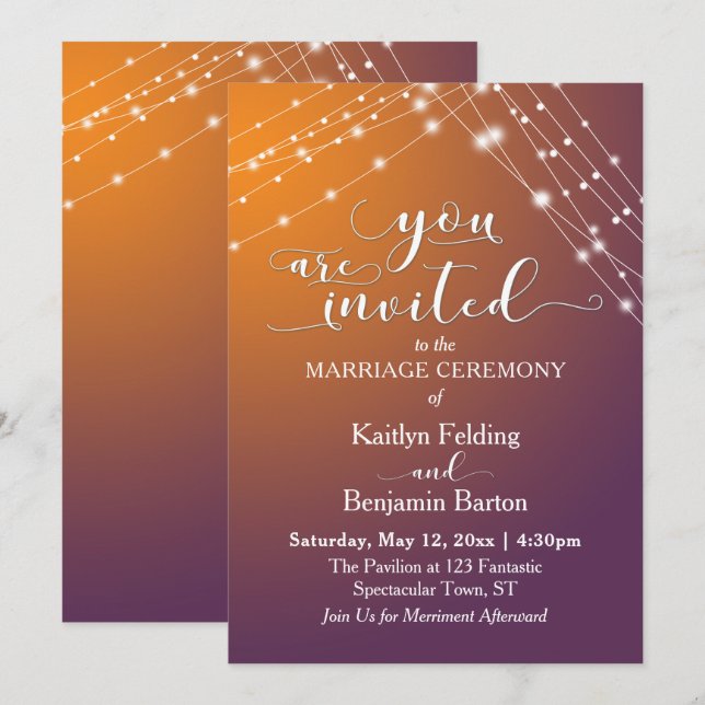 Orange Plum Ombre & Light Strings Wedding, b Invitation (Front/Back)