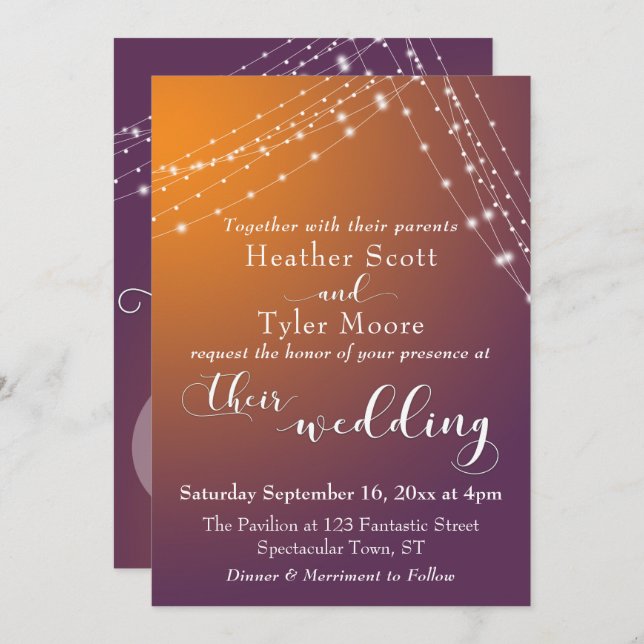 Orange Plum Ombre & Light Strings Wedding Invitation (Front/Back)