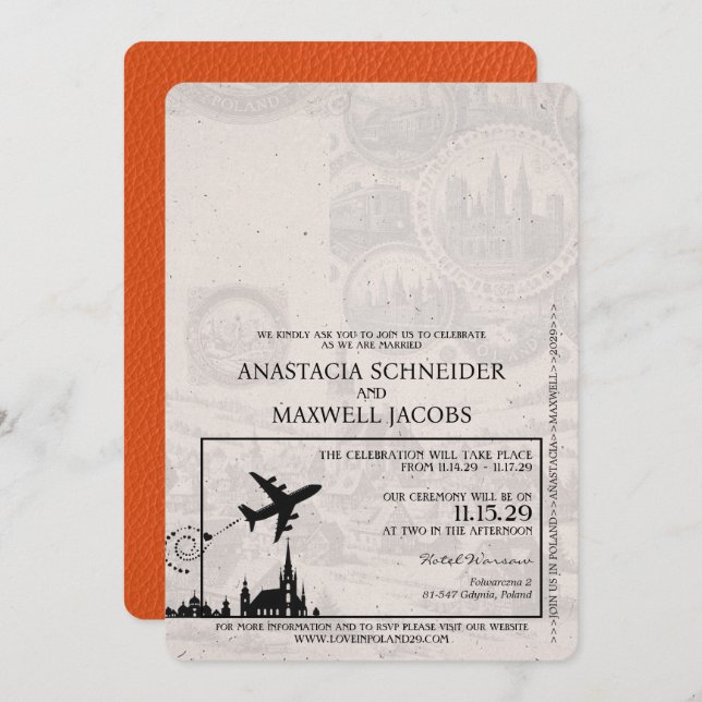 Orange Poland Passport Wedding Invitation (Front/Back)