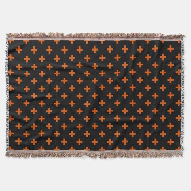 Orange polka crosses on black throw blanket (Front)