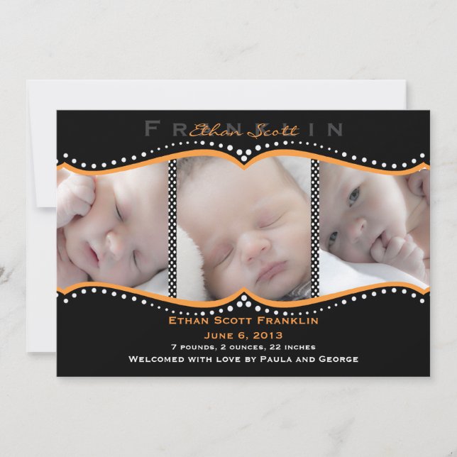 Orange Polka Dot Photo Birth Announcement (Front)