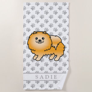 Orange Pomeranian Cute Cartoon Dog & Name Beach Towel