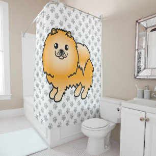 Orange Pomeranian Cute Cartoon Dog & Paws Shower Curtain