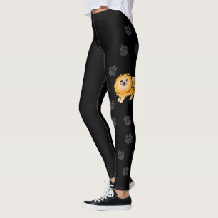 Orange Pomeranian Cute Cartoon Dog With Paws Black Leggings