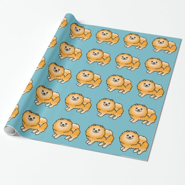 Orange Pomeranian Dog Pattern On Blue Wrapping Paper (Unrolled)