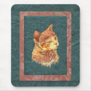 Orange Pop Art Tabby on green silk brocade print Mouse Pad