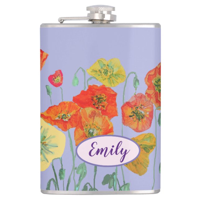 Orange Poppies Floral flowers Pastel purple Lilac Hip Flask (Front)