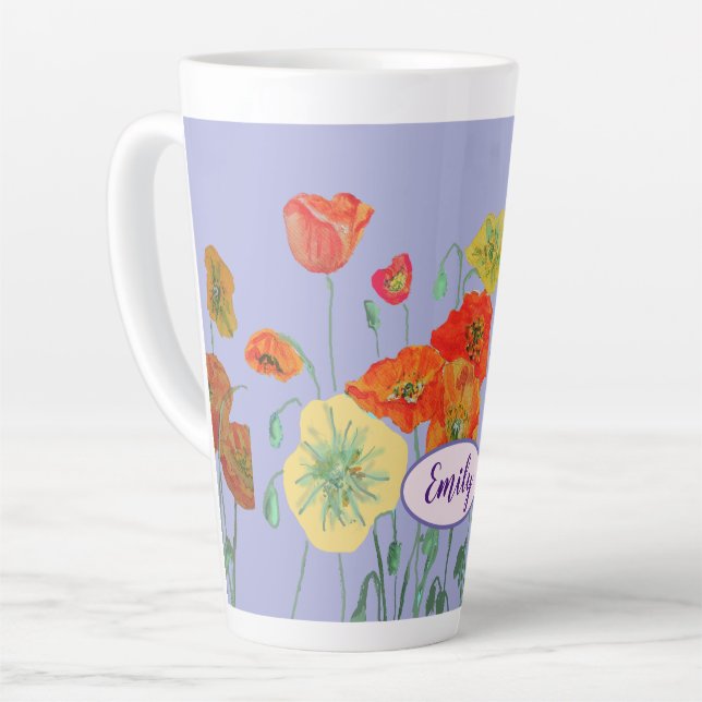 Orange Poppies Floral flowers Pastel purple Lilac Latte Mug (Left Angle)