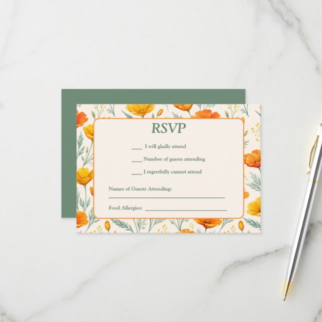 Orange Poppies Flowers RSVP Card (Front/Back In Situ)