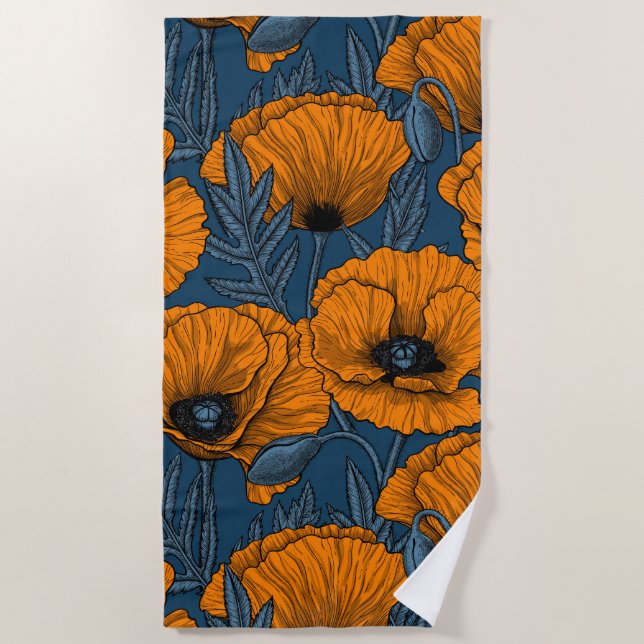 Orange poppies on dark blue beach towel (Front)
