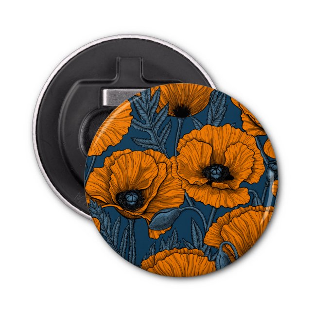 Orange poppies on dark blue bottle opener (Front)