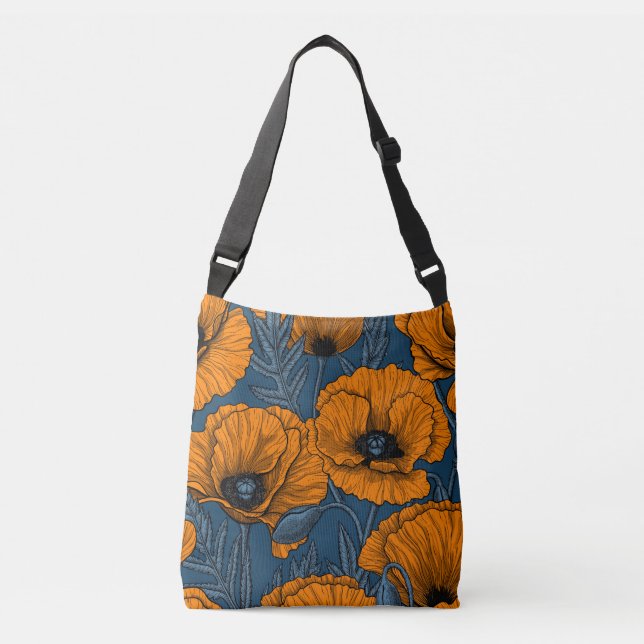 Orange poppies on dark blue crossbody bag (Front)