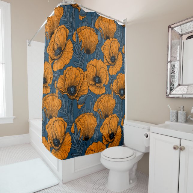 Orange poppies on dark blue shower curtain (In Situ)