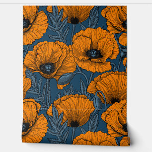 Orange poppies on dark blue wallpaper