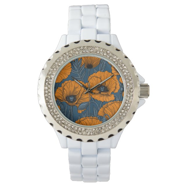 Orange poppies on dark blue watch (Front)