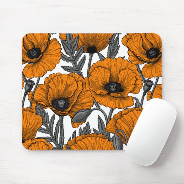 Orange poppies on white mouse pad (With Mouse)