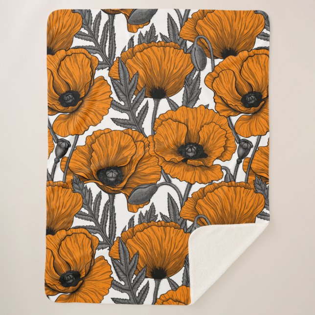 Orange poppies on white sherpa blanket (Front)