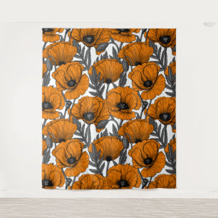 Orange poppies on white tapestry