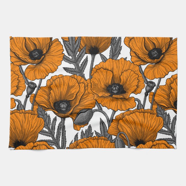 Orange poppies on white tea towel (Horizontal)